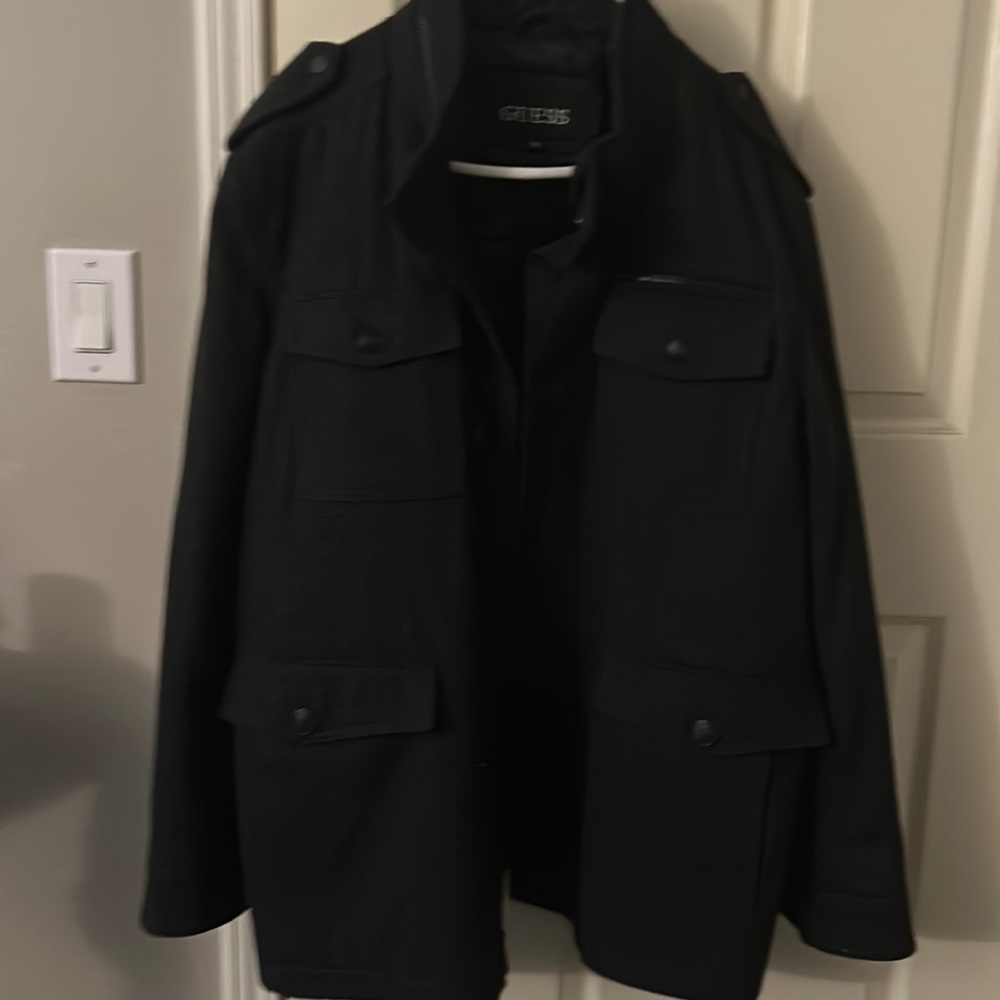 NWT GUESS Black Men's Military Inspired PeaCoat XXL